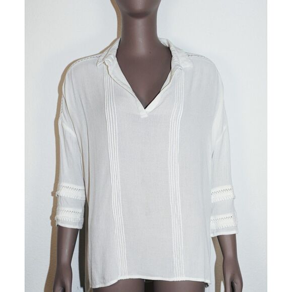 White Crow 3/4 Sleeve Pleated Boho Blouse Crochet V Neck Top - Picture 1 of 3
